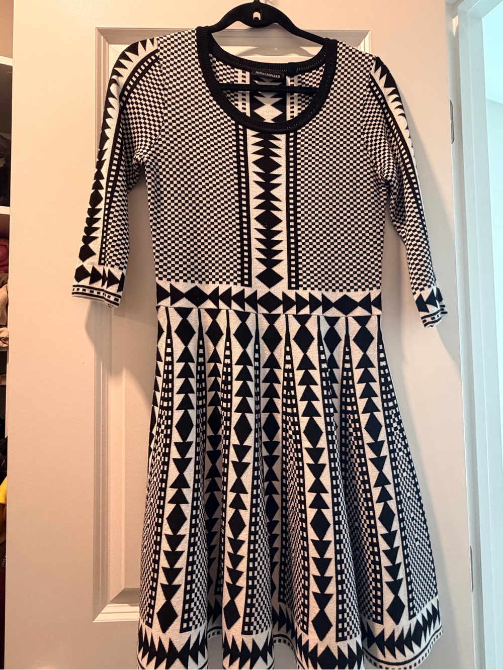 NWOT Nina Leonard Black and White Geometric Fit-and-Flare Dress